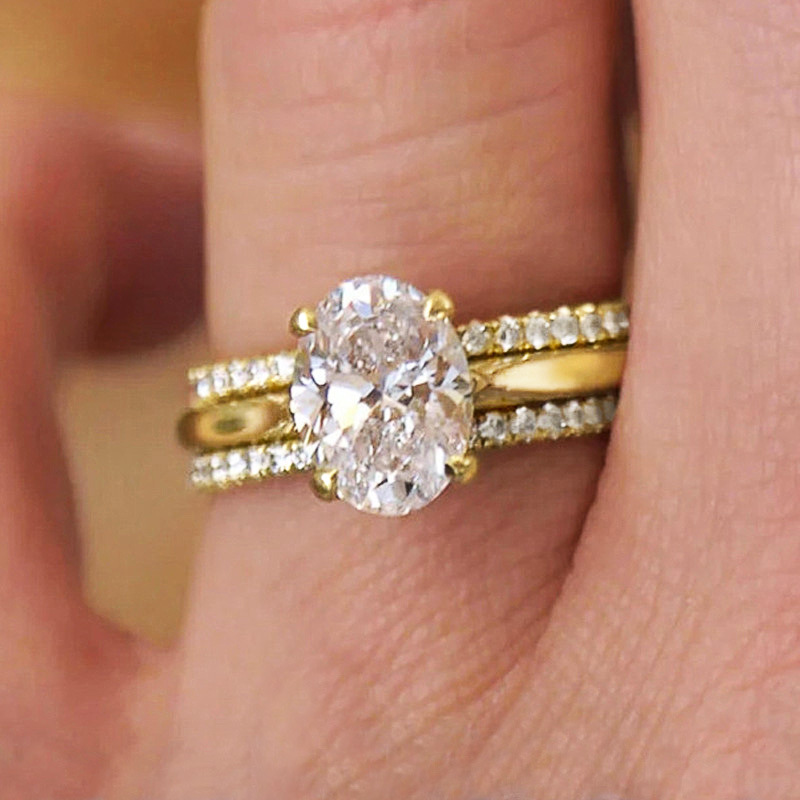 Anillo con incrustaciones de cuatro garras, conjunto de tres anillos ovalados para mujer