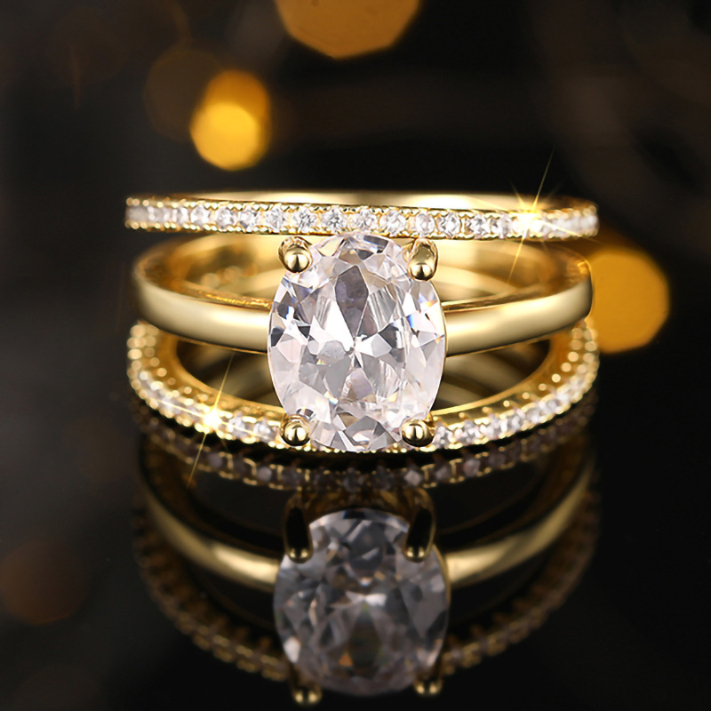 Anillo con incrustaciones de cuatro garras, conjunto de tres anillos ovalados para mujer