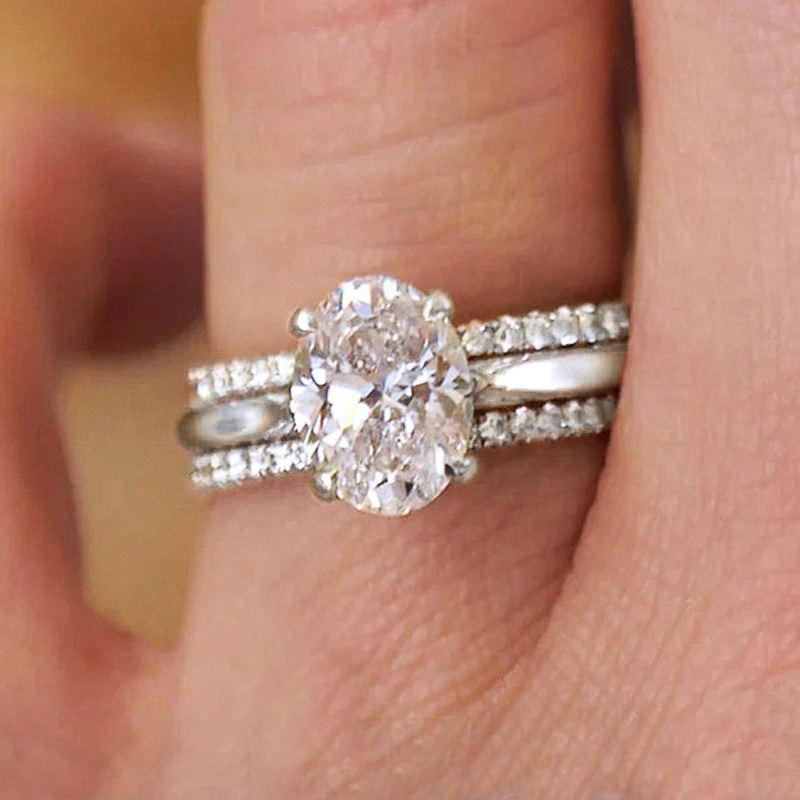 Anillo con incrustaciones de cuatro garras, conjunto de tres anillos ovalados para mujer