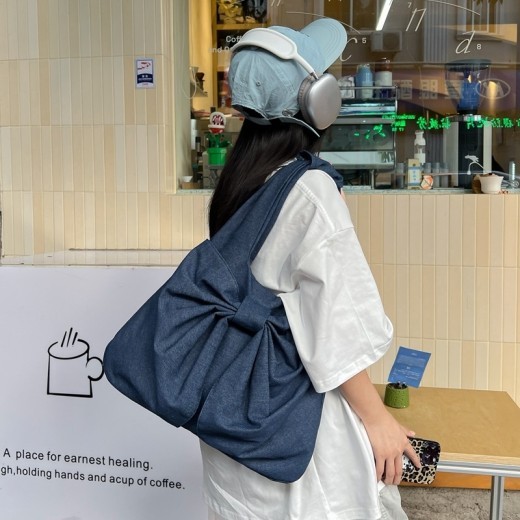 Bolso de mano de lona vaquera lavada con lazo para hombro, de gran capacidad, para llevar bajo el brazo