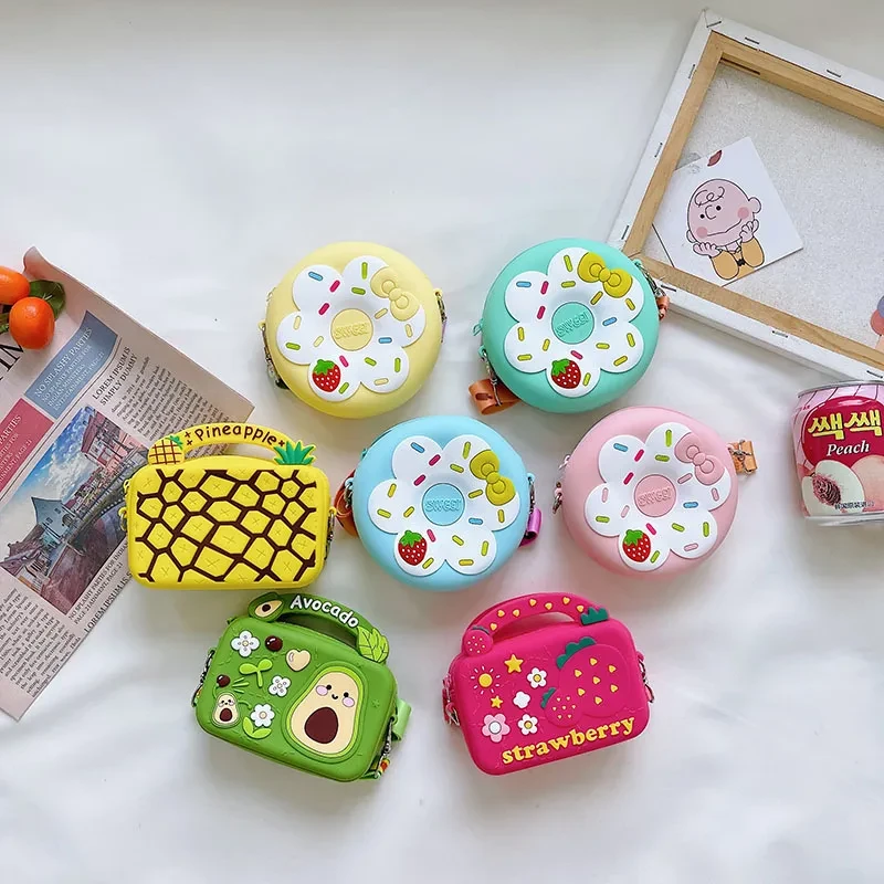 Bolso bandolera portátil de silicona para niños con forma de donut de fruta