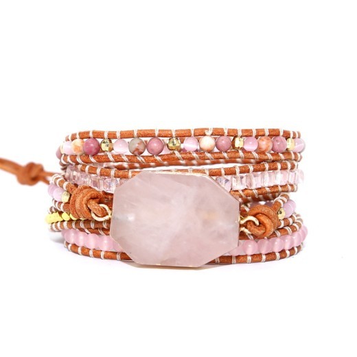 Pulsera de espato rosa natural con cuentas de piedra natural tejida