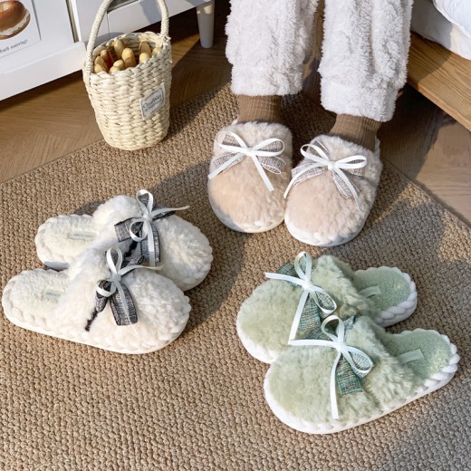 Pantuflas de algodón con lazo para otoño e invierno, cálidas y afelpadas, para uso en interiores y exteriores, para mujer