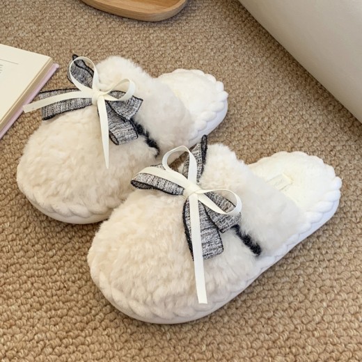 Pantuflas de algodón con lazo para otoño e invierno, cálidas y afelpadas, para uso en interiores y exteriores, para mujer