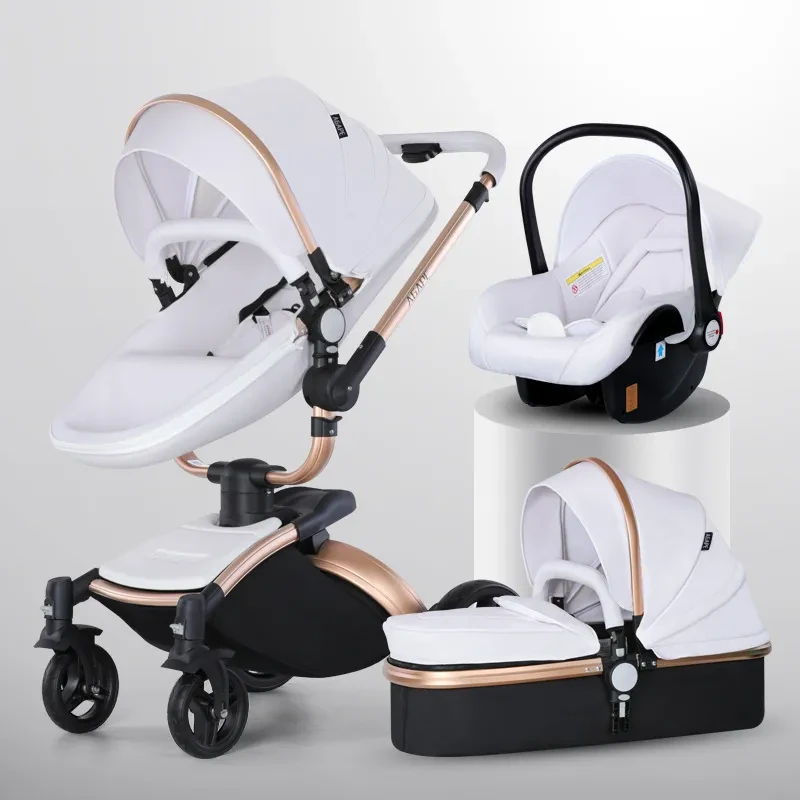 Cochecito de bebé plegable con cesta 3 en 1 y rotación de 360 grados.
