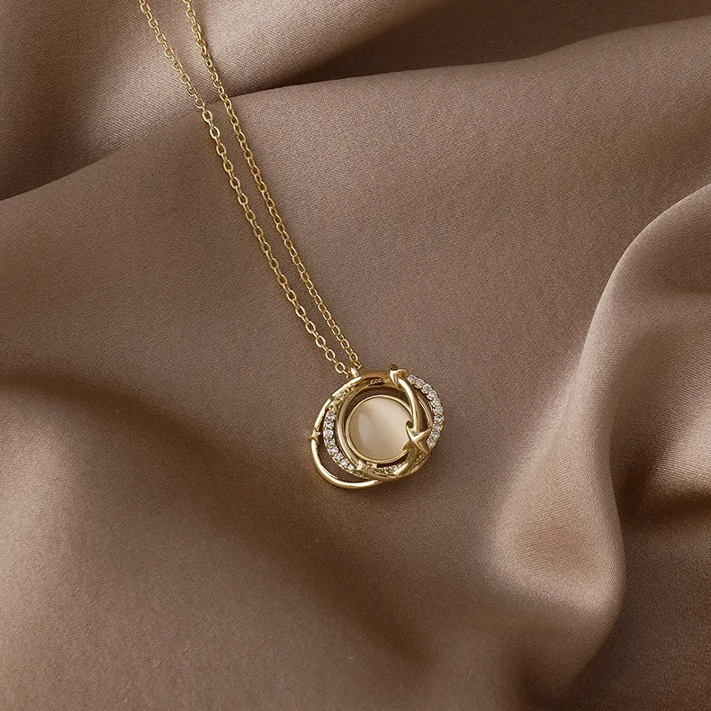 Collar de planeta de ópalo superpuesto de doble ronda para mujer