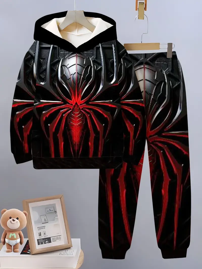 Conjunto informal de sudadera y pantalón con diseño de araña para niño. Tejido de punto de poliéster geométrico ligeramente elástico. Top de manga larga y pantalón holgado para exteriores, correr y fiestas. Conjunto deportivo para primavera/verano.