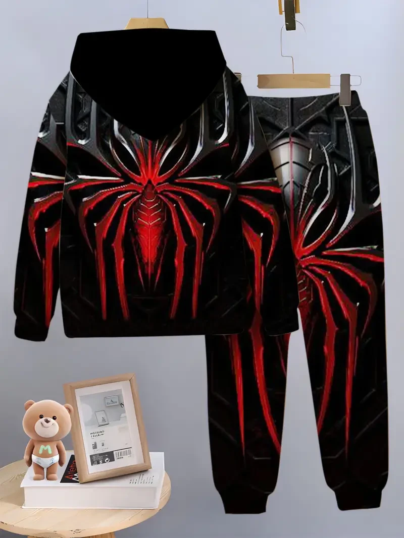 Conjunto informal de sudadera y pantalón con diseño de araña para niño. Tejido de punto de poliéster geométrico ligeramente elástico. Top de manga larga y pantalón holgado para exteriores, correr y fiestas. Conjunto deportivo para primavera/verano.
