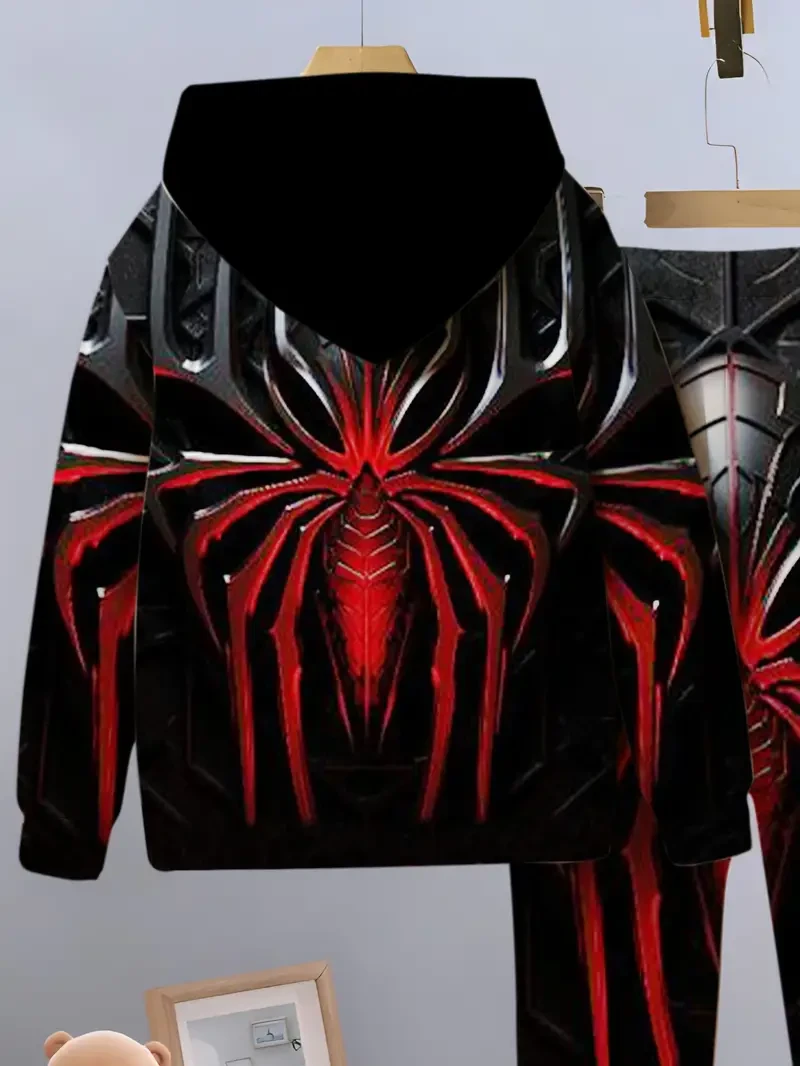 Conjunto informal de sudadera y pantalón con diseño de araña para niño. Tejido de punto de poliéster geométrico ligeramente elástico. Top de manga larga y pantalón holgado para exteriores, correr y fiestas. Conjunto deportivo para primavera/verano.