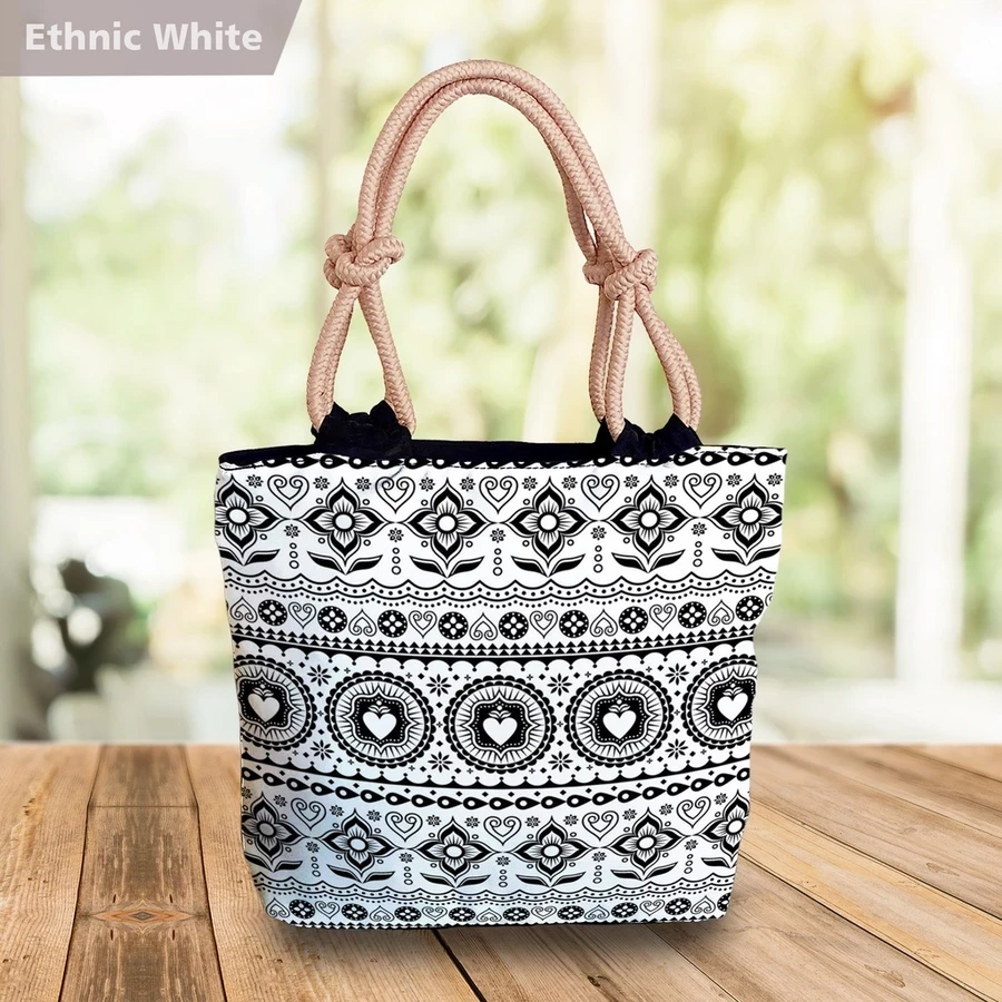 Bolso de mano con estampado batik, motivo étnico, tribal, tropical, floral, flor blanca