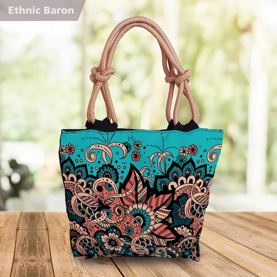 Bolso de mano con estampado batik, motivo étnico, tribal, tropical, floral, flor de barón