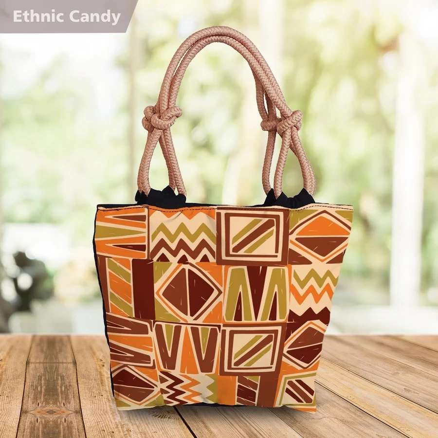 Bolso de mano con estampado batik, motivo étnico, tribal, tropical, floral, flor, caramelo