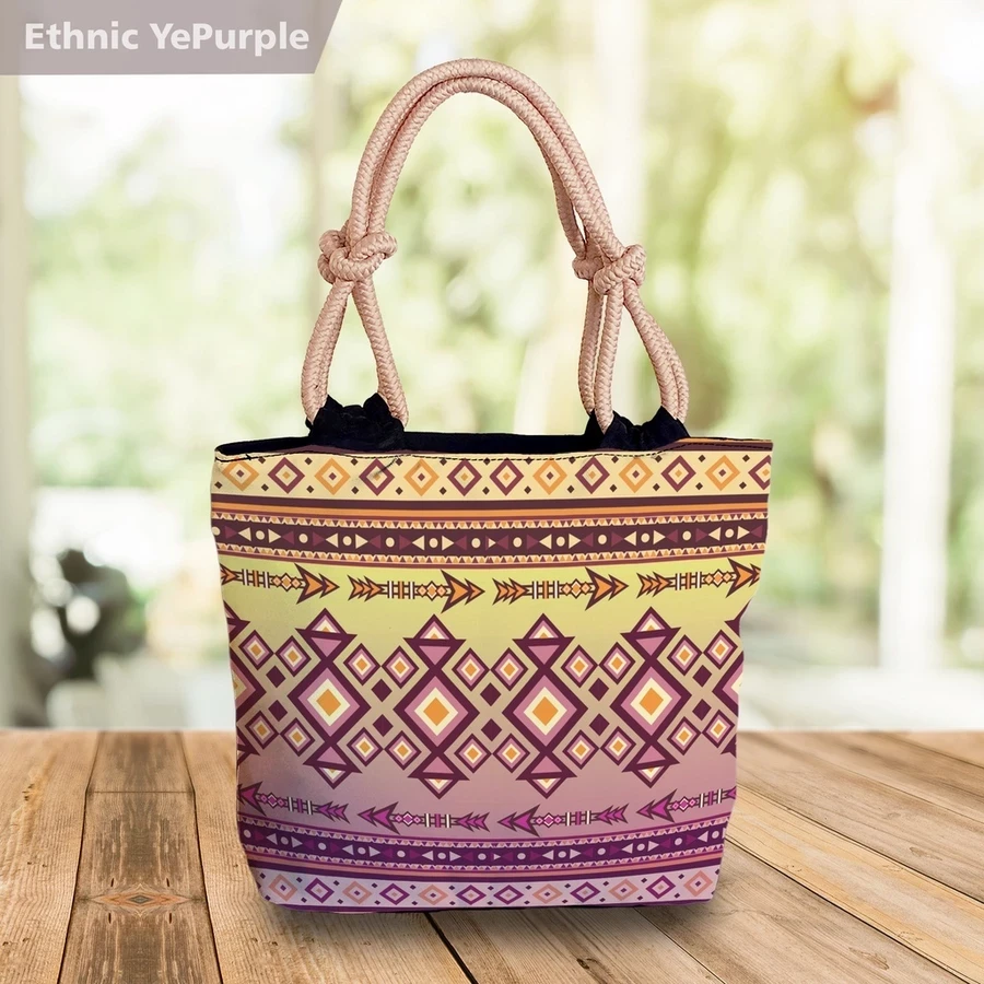 Bolso de mano con estampado batik, motivo étnico, tribal, tropical, floral, flor, étnico, amarillo, morado