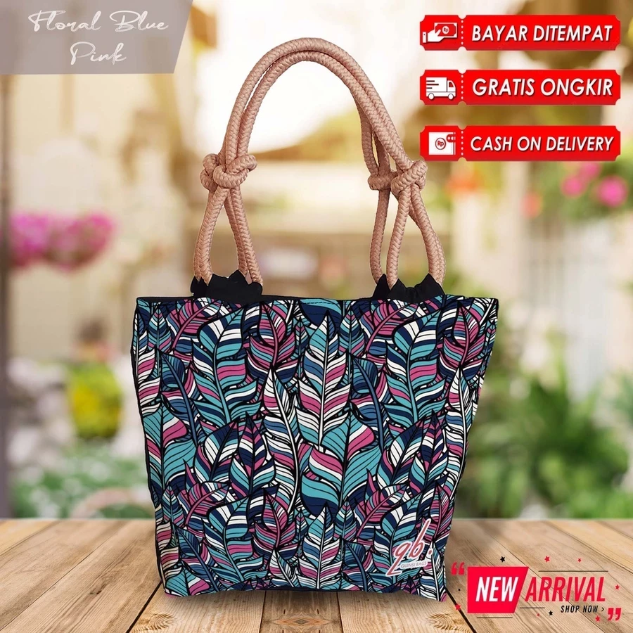 Totebag Batik Estampado Motivo Étnico Tribal Tropical Floral Azul Rosa