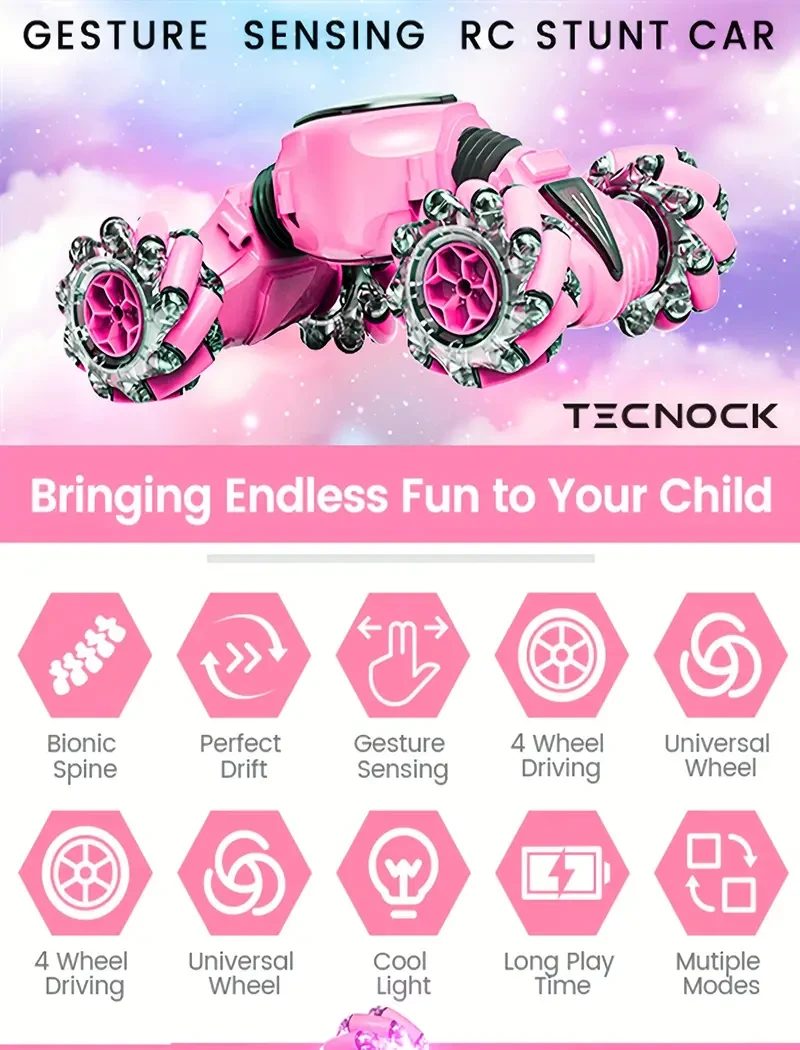 Coche teledirigido con 2 mandos a distancia, 2,4 GHz, tracción en las cuatro ruedas, detección de gestos, coche acrobático teledirigido de juguete, rotación de 360 grados, doble cara, control manual, con luces, regalo para niños.