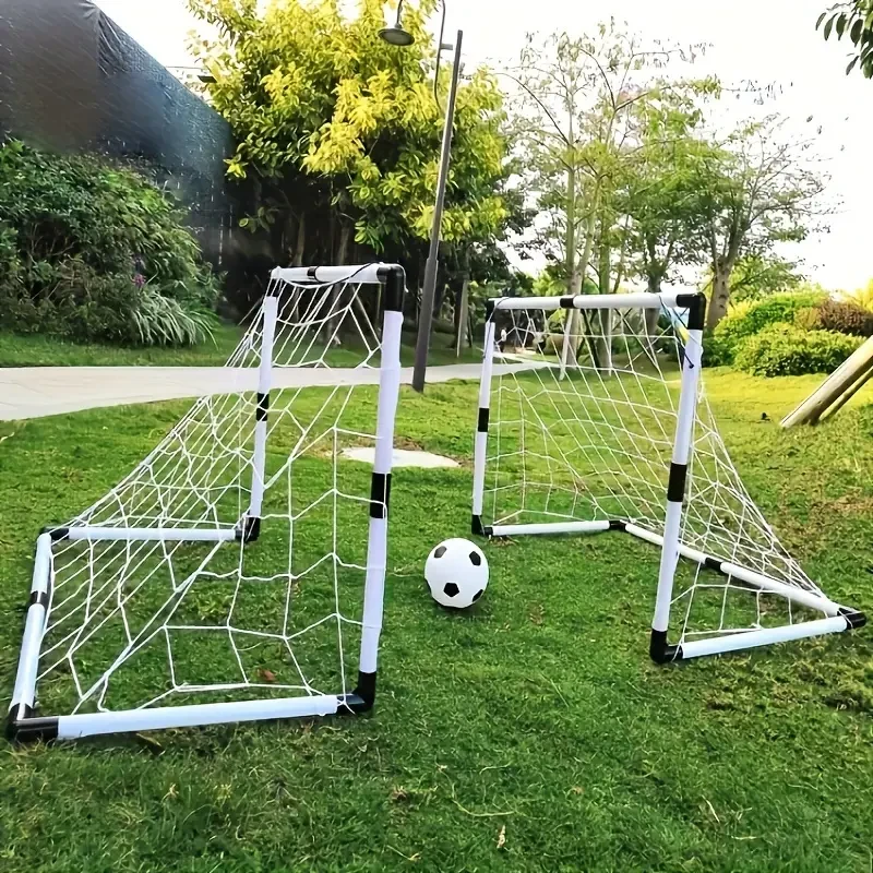 Portería de fútbol plegable de 2 piezas, red portátil para interior y exterior, equipo de entrenamiento extraíble para niños, regalo de cumpleaños para niños y niñas, material PP, blanco y azul.