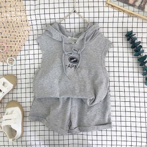 Traje de verano estilo coreano de algodón sin mangas con capucha y pantalones cortos de dos piezas para niña, traje estilo occidental