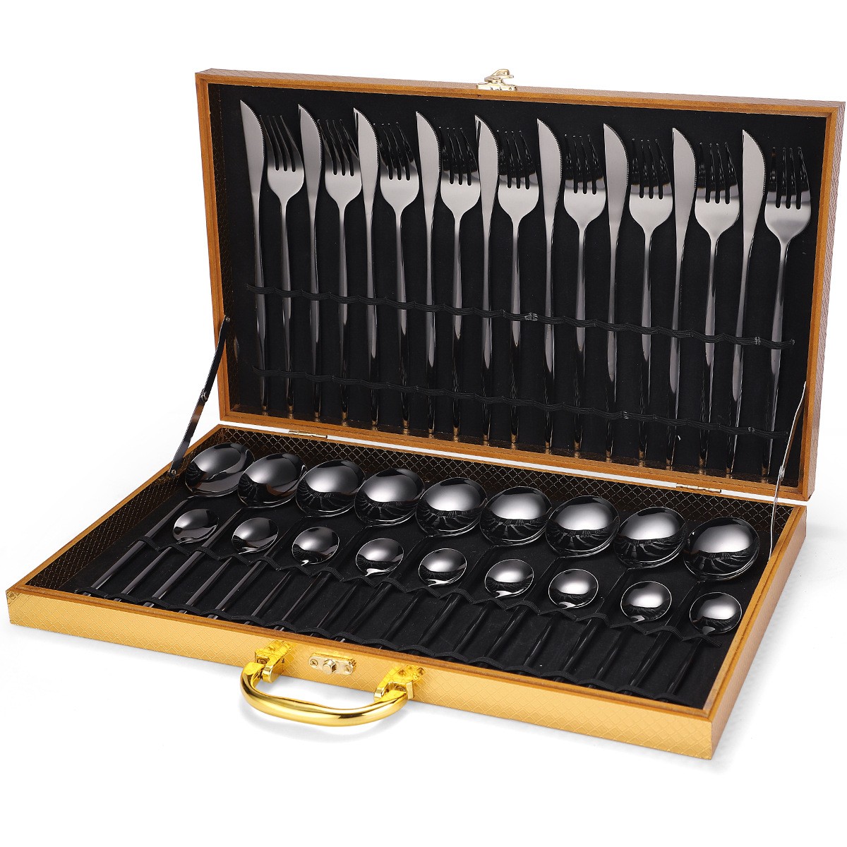 Juego de vajilla de acero inoxidable de 36 piezas en caja de regalo de madera