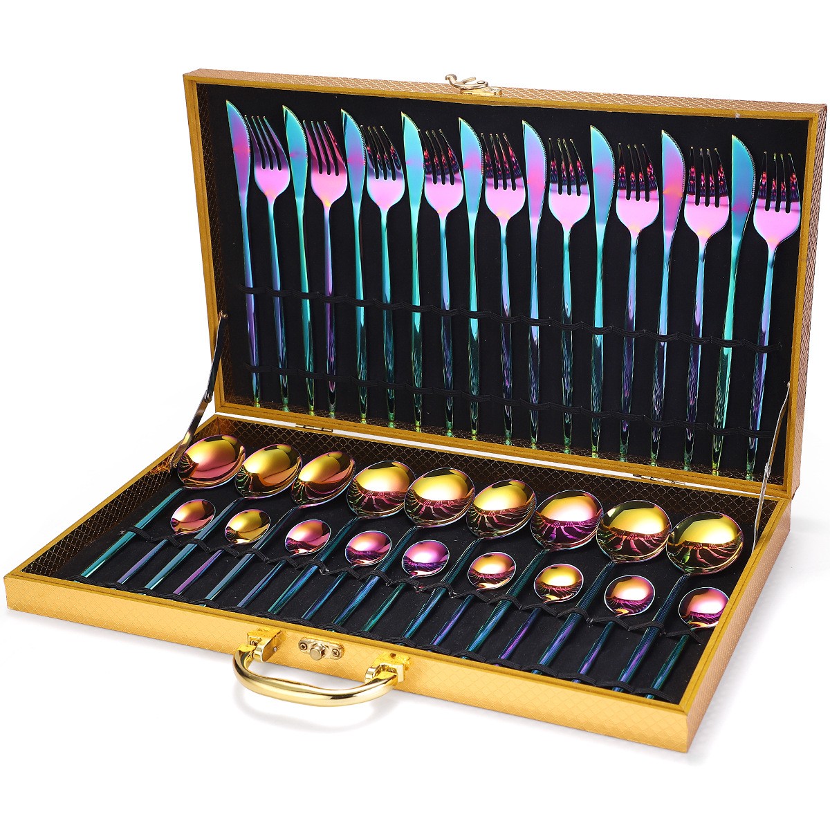 Juego de vajilla de acero inoxidable de 36 piezas en caja de regalo de madera