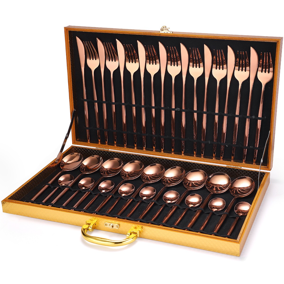 Juego de vajilla de acero inoxidable de 36 piezas en caja de regalo de madera