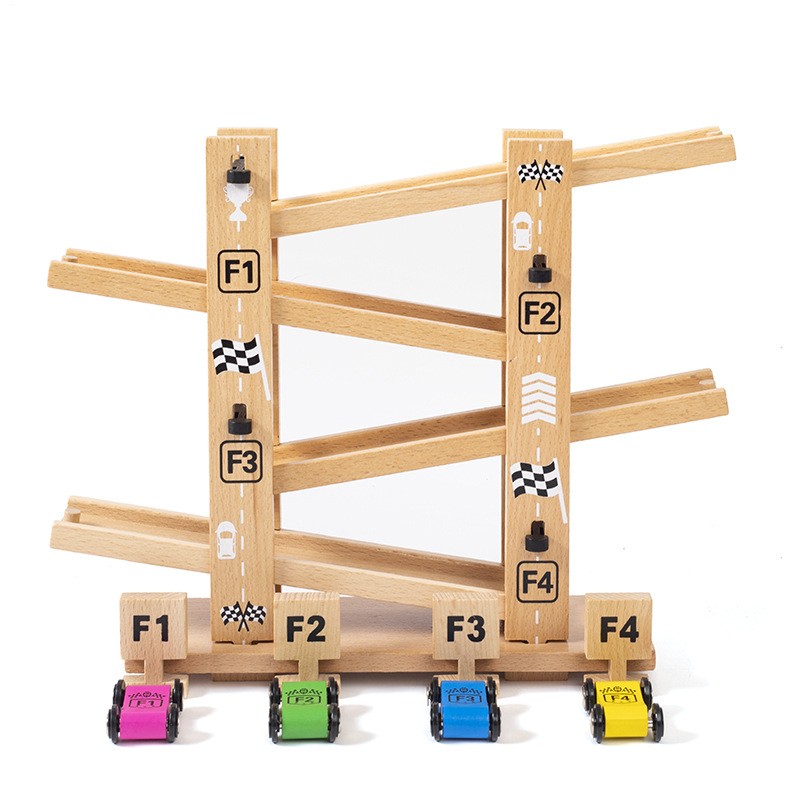 Coche de deslizamiento de cuatro pistas para niños, juguete educativo de madera con pista de montaje