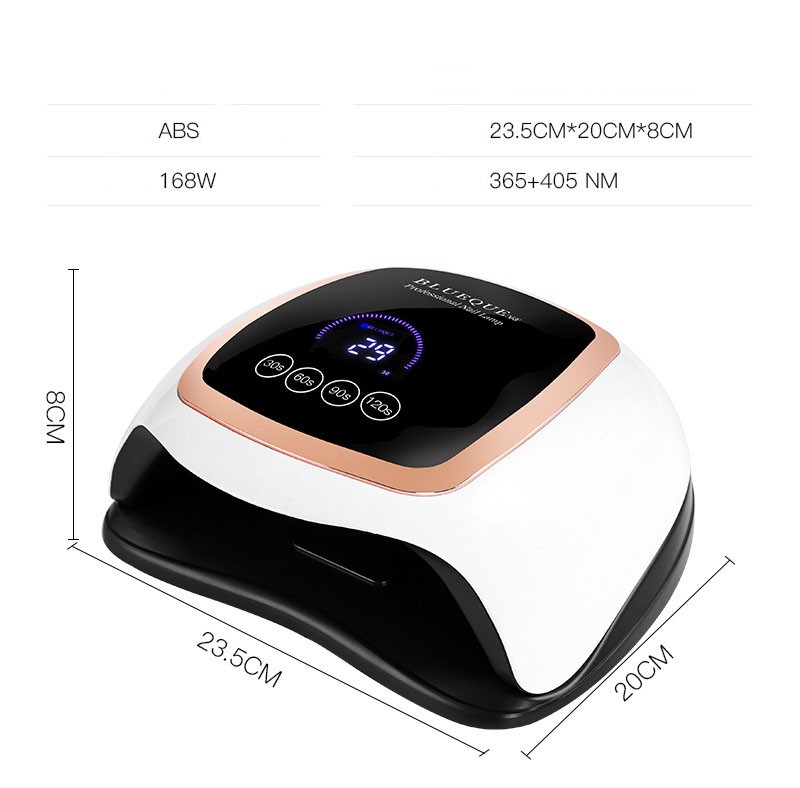 Achieve flawless nails with the BLUEQUE Nail Lamp. This professional LED nail dryer quickly cures gel and UV polish with its high-powered LED technology. Featuring an auto-sensor, adjustable timers, and compatibility with most gel polishes, this portable