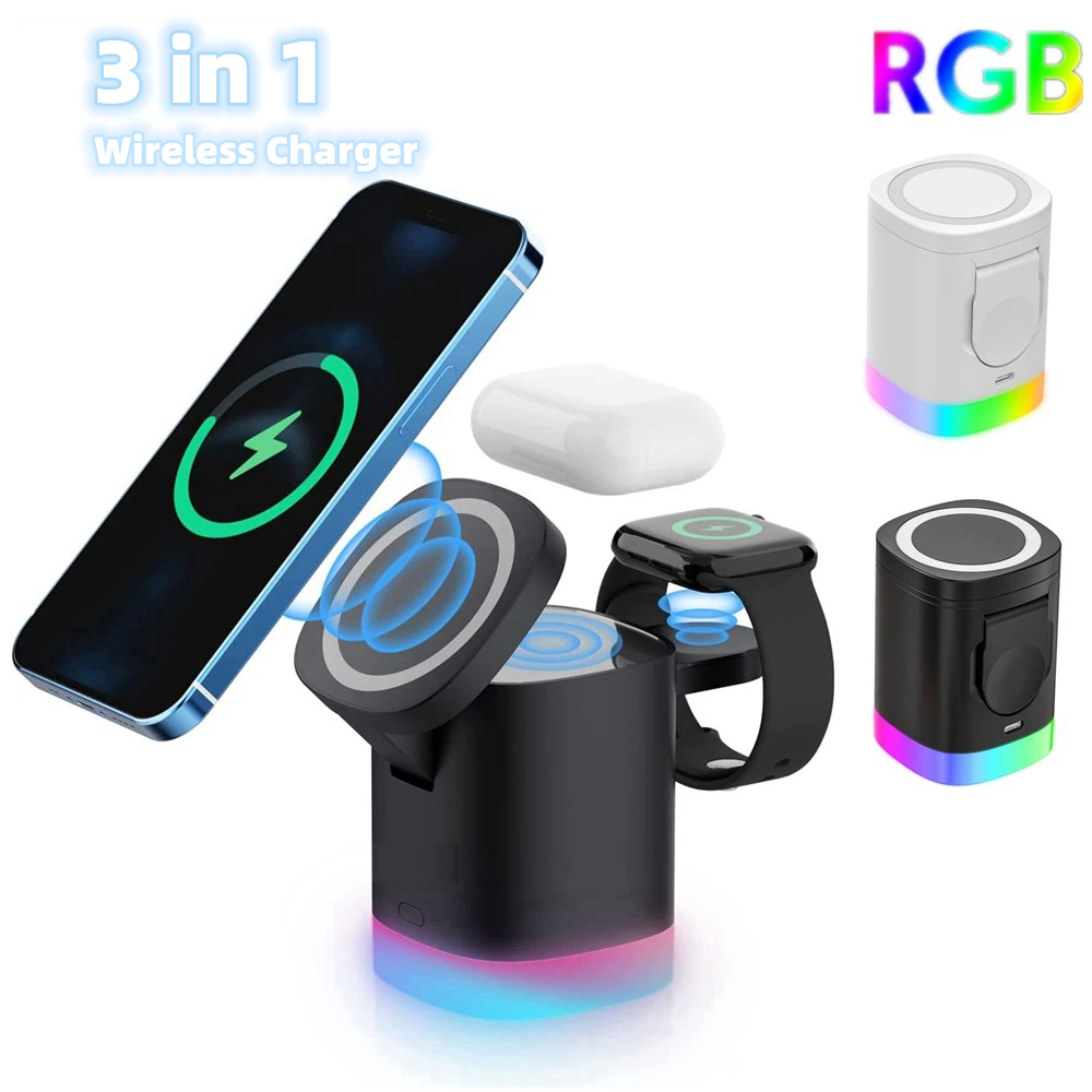 Cargador inalámbrico magnético rápido 3 en 1 para smartphones con luz ambiental RGB.