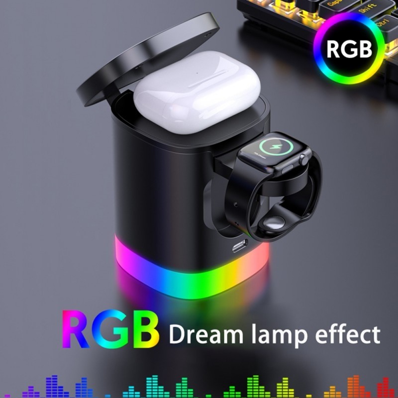 Cargador inalámbrico magnético rápido 3 en 1 para smartphones con luz ambiental RGB.