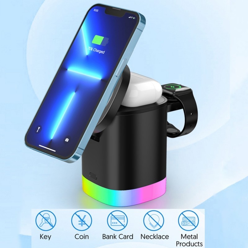 Cargador inalámbrico magnético rápido 3 en 1 para smartphones con luz ambiental RGB.