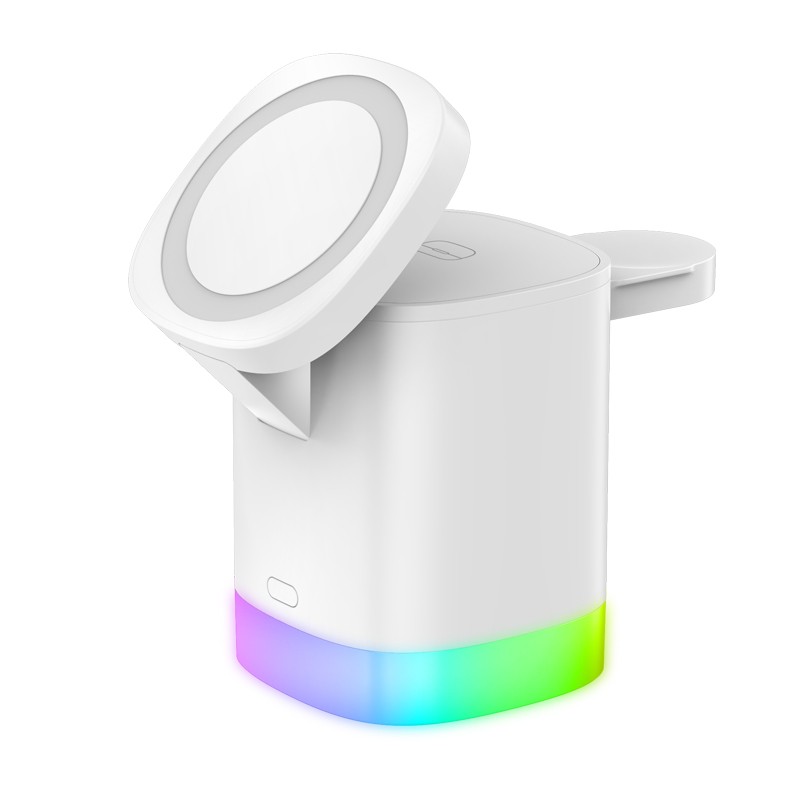 Cargador inalámbrico magnético rápido 3 en 1 para smartphones con luz ambiental RGB.