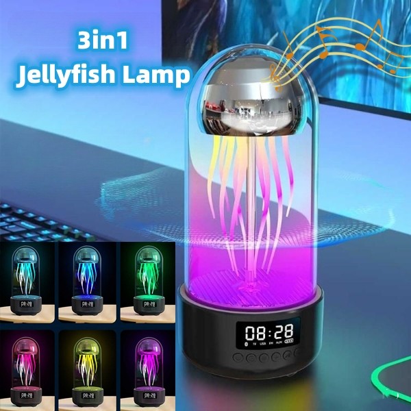 Lámpara de medusas 3 en 1 creativa y colorida con reloj, luz estéreo portátil luminosa y respirable, decoración inteligente, altavoz compatible con Bluetooth.