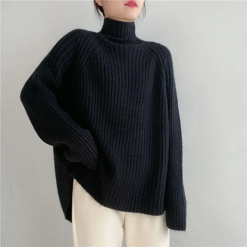 Suéter de cuello alto medio para mujer, suéter holgado y acolchado