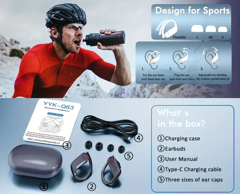 Auriculares deportivos inalámbricos de larga duración (120 h): auriculares con Bluetooth 5.3, estéreo de alta fidelidad, sonido ENC HD, pantalla LED de carga, color negro.
