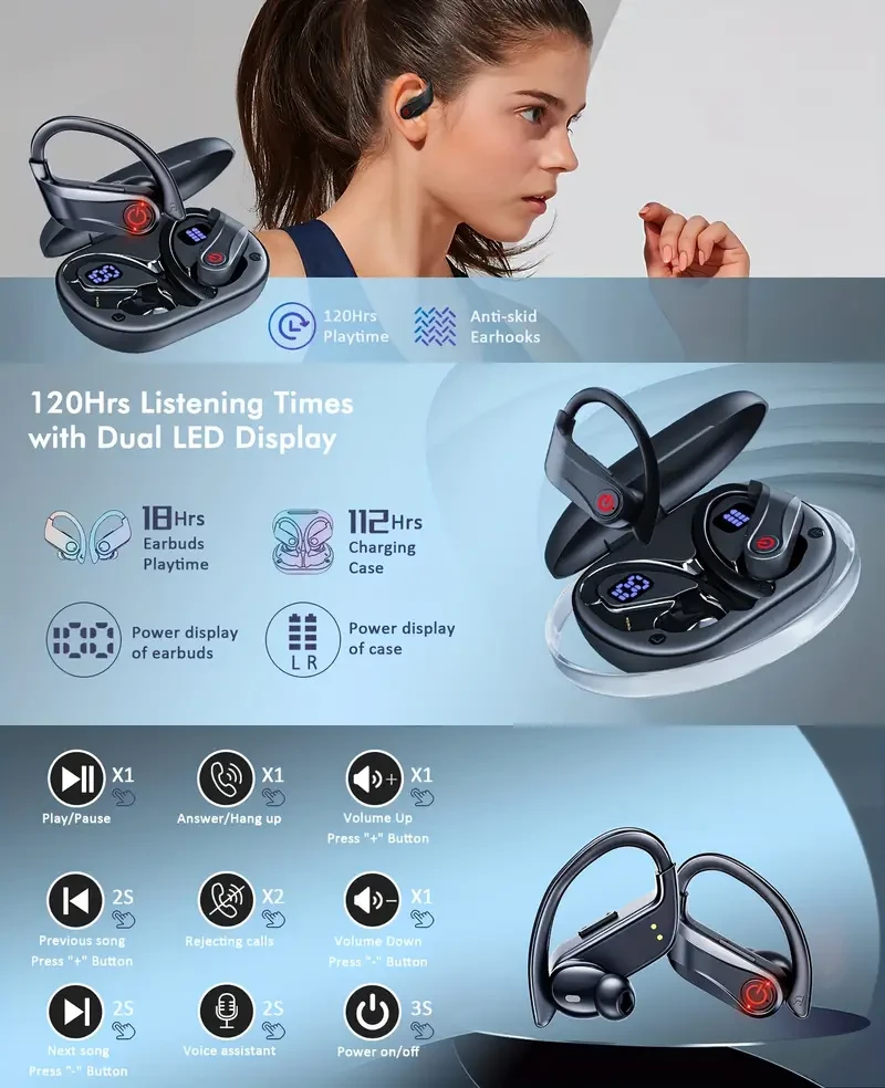 Auriculares deportivos inalámbricos de larga duración (120 h): auriculares con Bluetooth 5.3, estéreo de alta fidelidad, sonido ENC HD, pantalla LED de carga, color negro.