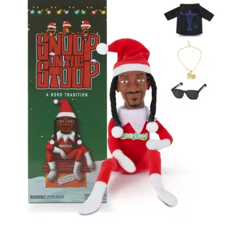 Get into the holiday spirit with the Snoop Dogg "Snoop on a Stoop" Christmas Elf Doll. This 12” plush toy features a festive elf t-shirt, sunglasses, and a necklace