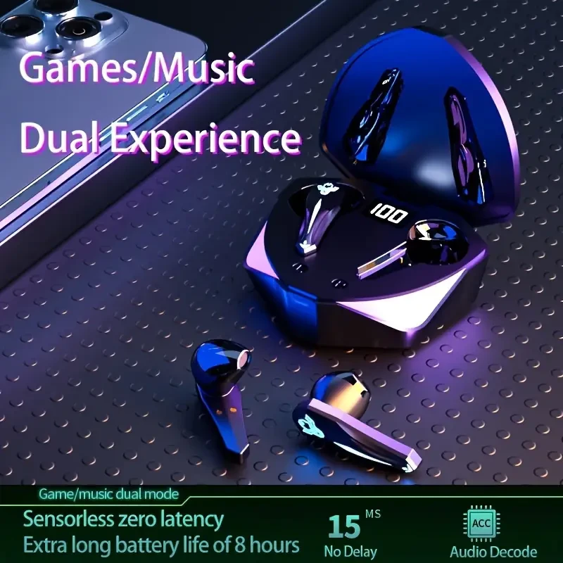Auriculares inalámbricos estéreo de alta fidelidad para juegos Menzluio con estuche de carga LED, control de volumen táctil, efectos RGB y micrófono con cancelación de ruido.