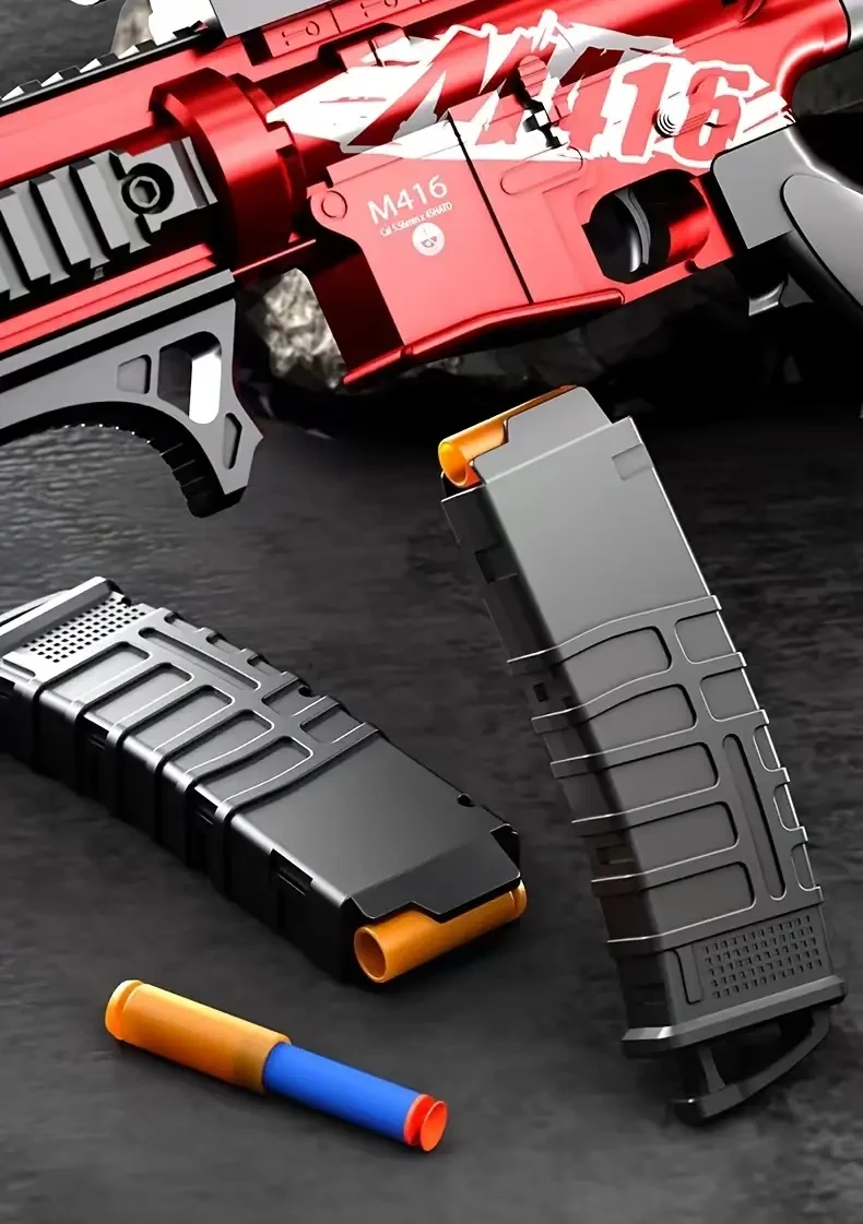 Rifle de asalto eléctrico M416 de juguete con linterna y mira, manual y carga USB, incluye 20 cartuchos y objetivo de retorno, plástico duradero y material resistente, configuración completa para niños - Rojo