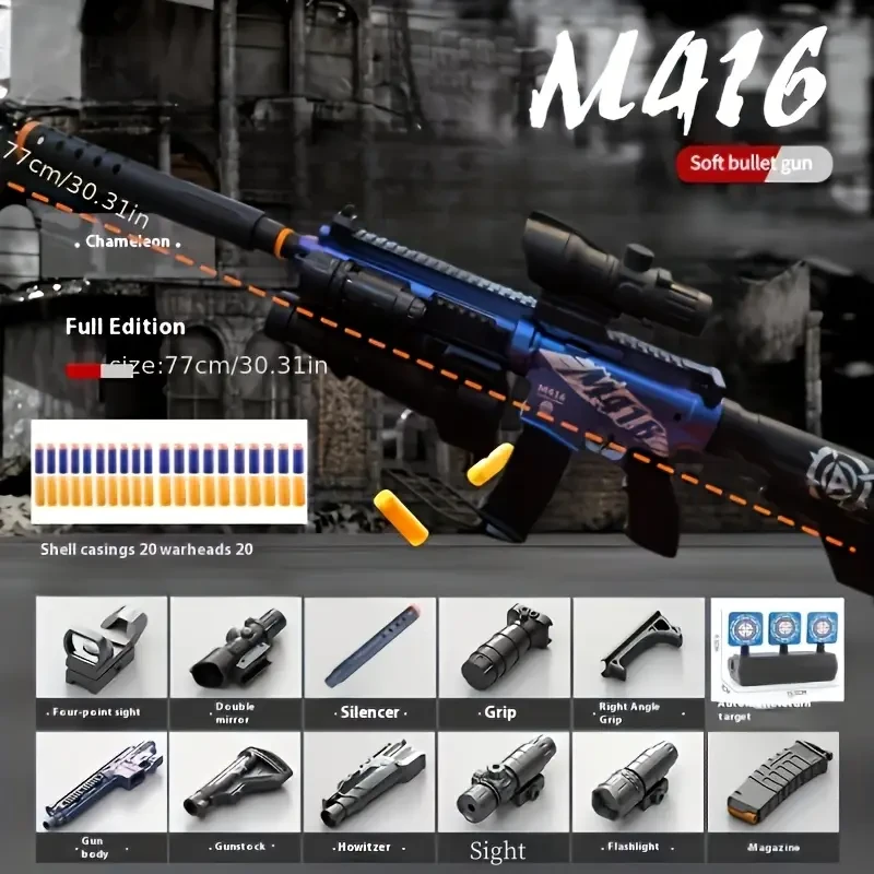 Rifle de asalto eléctrico M416 de juguete con linterna y mira, manual y carga USB, incluye 20 cartuchos y objetivo de retorno, plástico duradero y material resistente, configuración completa para niños - Rojo