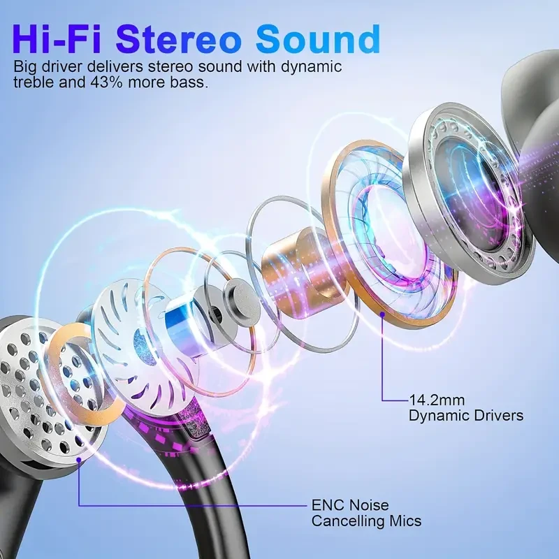 Auriculares inalámbricos 90H 5.3, para correr, con micrófono con cancelación de ruido ENC, graves profundos 3D, supraaurales, deportivos con gancho para la oreja para iOS y Android.