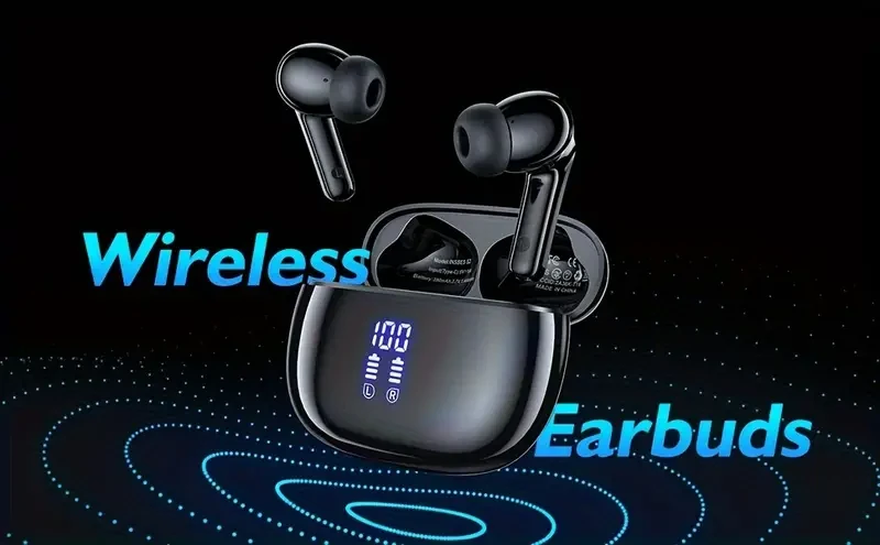 Auriculares inalámbricos con micrófono integrado y reducción de ruido, pantalla LED de potencia, estuche de carga, estéreo, graves profundos, llamadas nítidas para entrenamiento deportivo.
