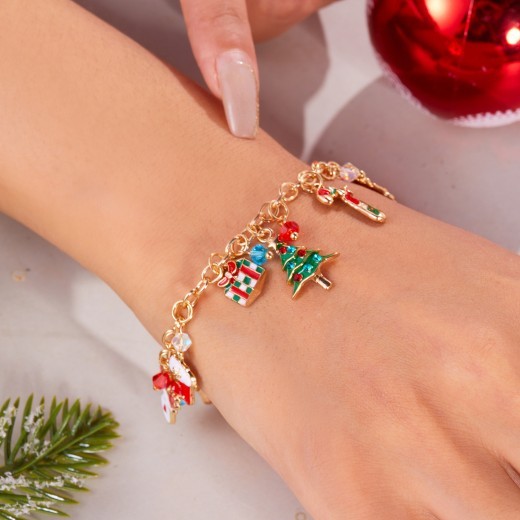 Pulsera navideña personalizada con colgante de Papá Noel y árbol de Navidad para mujer.