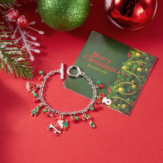 Pulsera navideña personalizada con colgante de Papá Noel y árbol de Navidad para mujer.