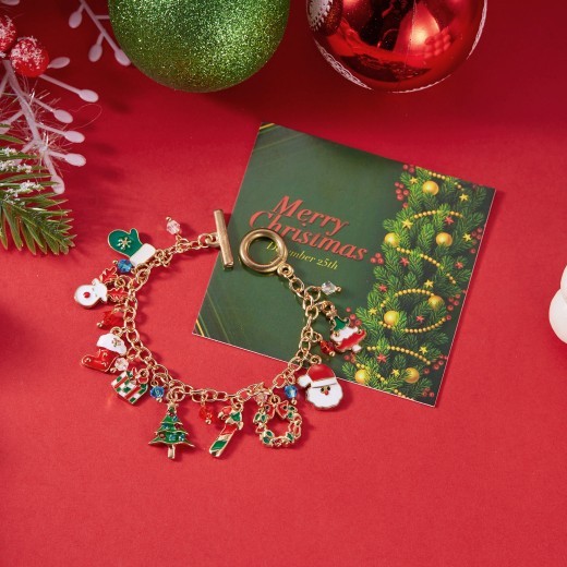 Pulsera navideña personalizada con colgante de Papá Noel y árbol de Navidad para mujer.