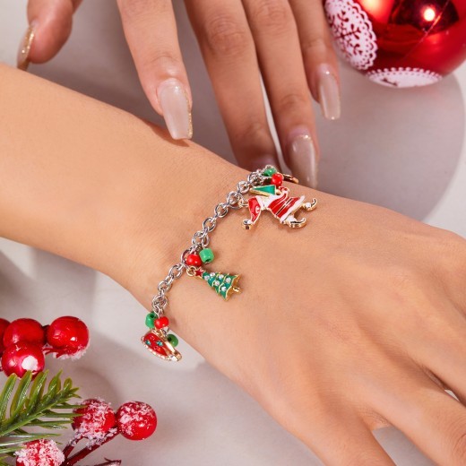 Pulsera navideña personalizada con colgante de Papá Noel y árbol de Navidad para mujer.