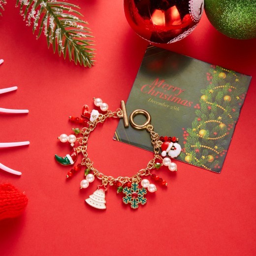 Pulsera navideña personalizada con colgante de Papá Noel y árbol de Navidad para mujer.