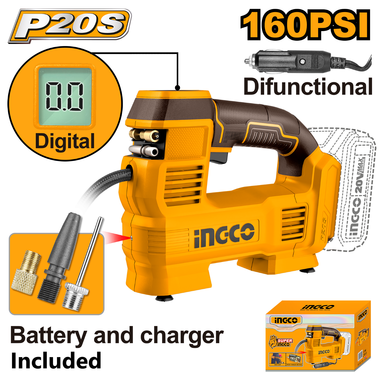 Discover our cordless 20V auto air compressor with a powerful 160PSI output. Perfect for fast and efficient tire inflation, this portable tool is ideal for both home and on-the-go use.