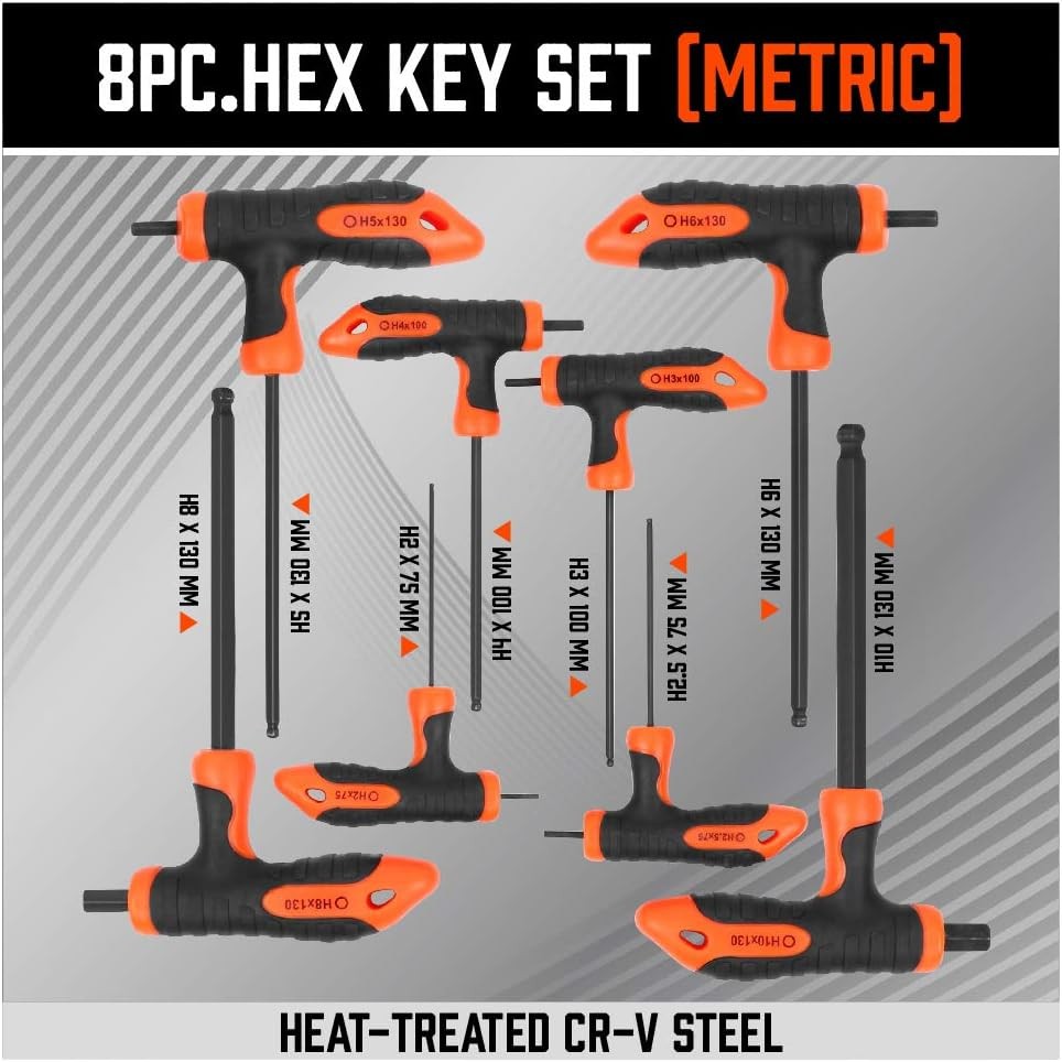 Discover our T-Handle Torx Hex Key Wrench Ball End 8PC Set, designed for comfort and precision in automotive and mechanical applications.