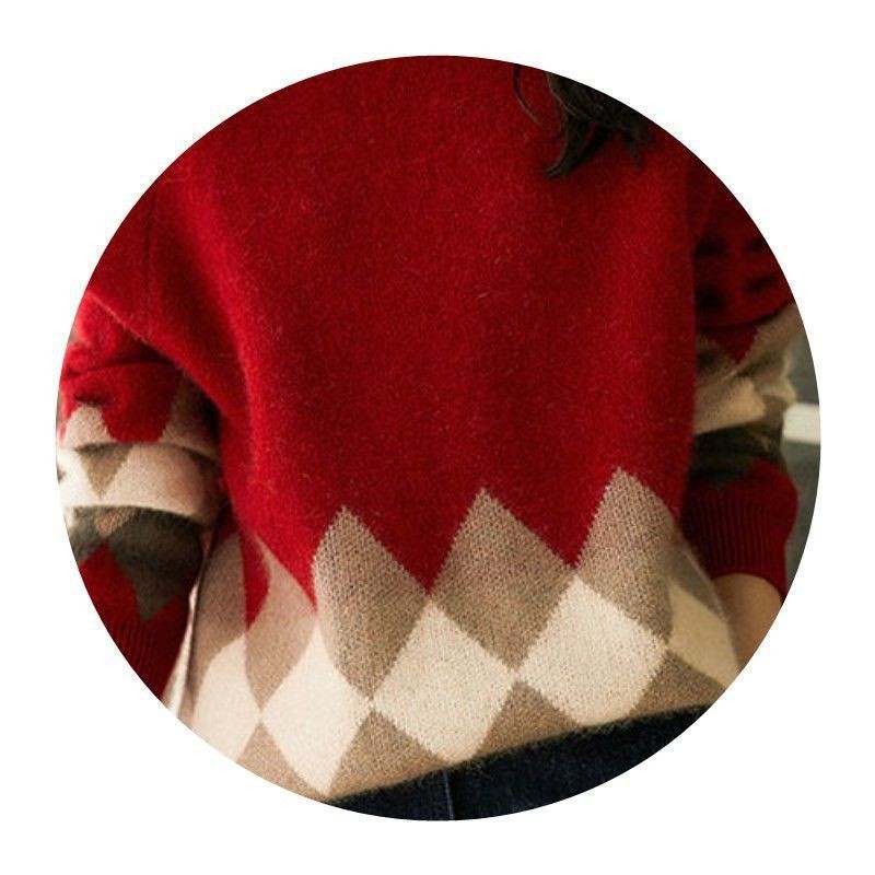 Suéter suelto de punto con cuello redondo rojo navideño para mujer