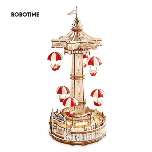 Create a magical amusement park with the Robotime ROKR Parachute Tower DIY music box. This 3D wooden puzzle features a moving parachute tower and plays a beautiful melody. Perfect as a birthday gift or Christmas present for kids and puzzle enthusiasts.