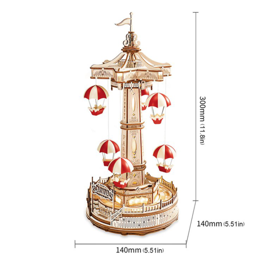 Create a magical amusement park with the Robotime ROKR Parachute Tower DIY music box. This 3D wooden puzzle features a moving parachute tower and plays a beautiful melody. Perfect as a birthday gift or Christmas present for kids and puzzle enthusiasts.